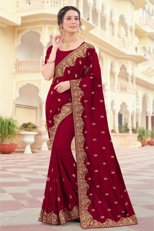 Maroon Colour Vichitra Silk Embroidery Saree SD1090426