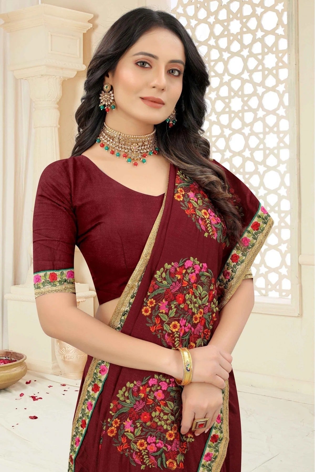 Maroon Colour Vichitra Silk Embroidery Saree SD1120966 A