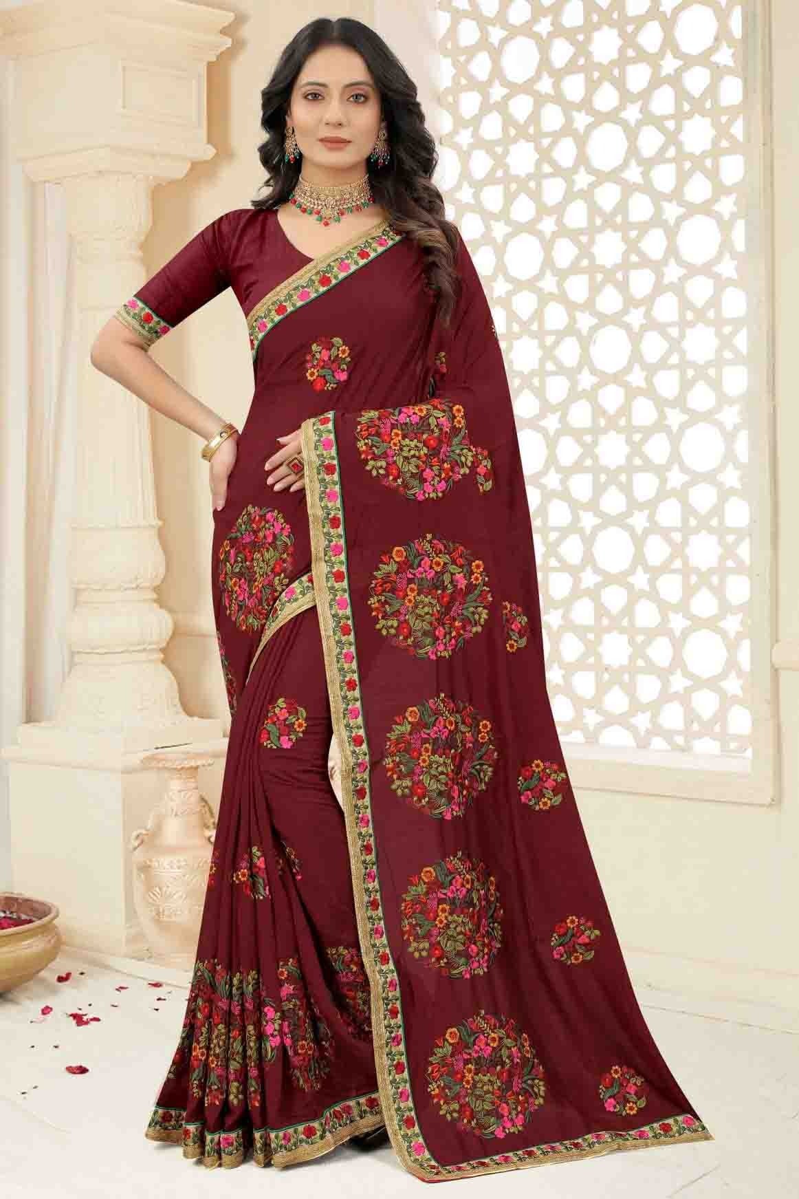 Maroon Colour Vichitra Silk Embroidery Saree SD1120966