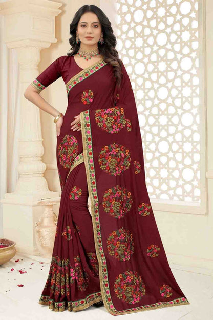 Maroon Colour Vichitra Silk Embroidery Saree SD1120966