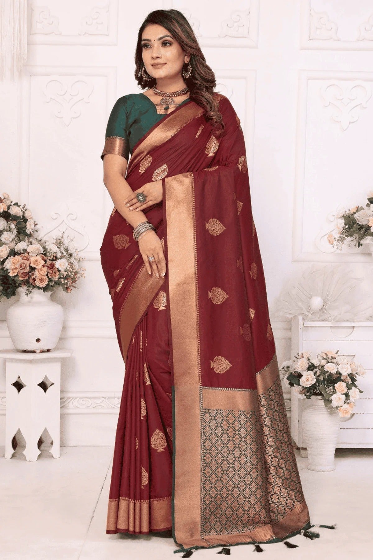 Maroon Colour Woven Work Lichi Soft Silk Traditional Saree SD1250313