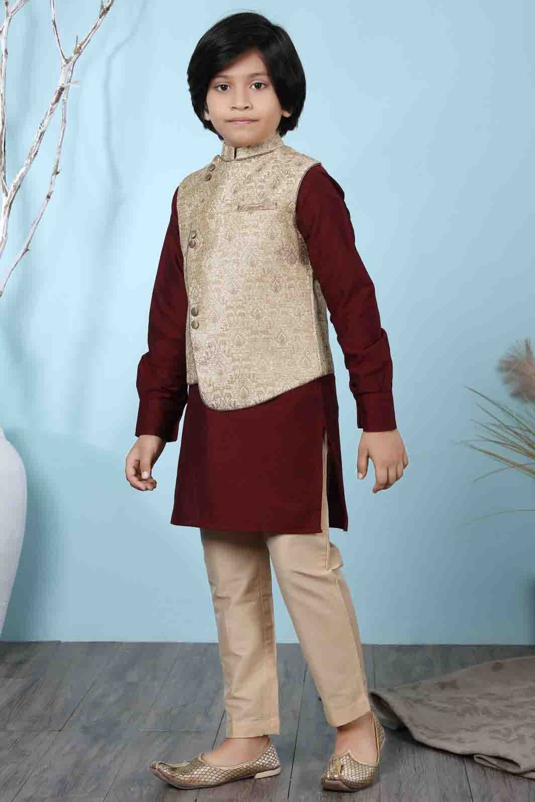 Maroon and Beige Colour Cotton Silk Kurta Pajama With Jacket BW1070094 A