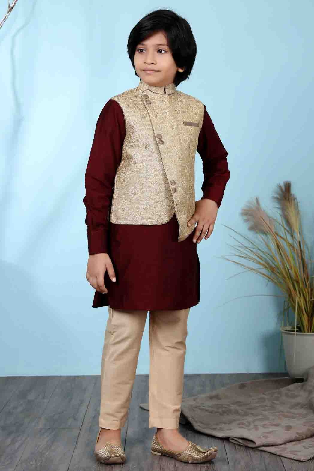Maroon and Beige Colour Cotton Silk Kurta Pajama With Jacket BW1070094 B
