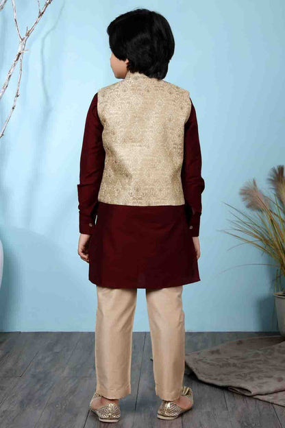Maroon and Beige Colour Cotton Silk Kurta Pajama With Jacket BW1070094 C