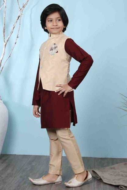 Maroon and Beige Colour Cotton Silk Kurta Pajama With Jacket BW1070099 A
