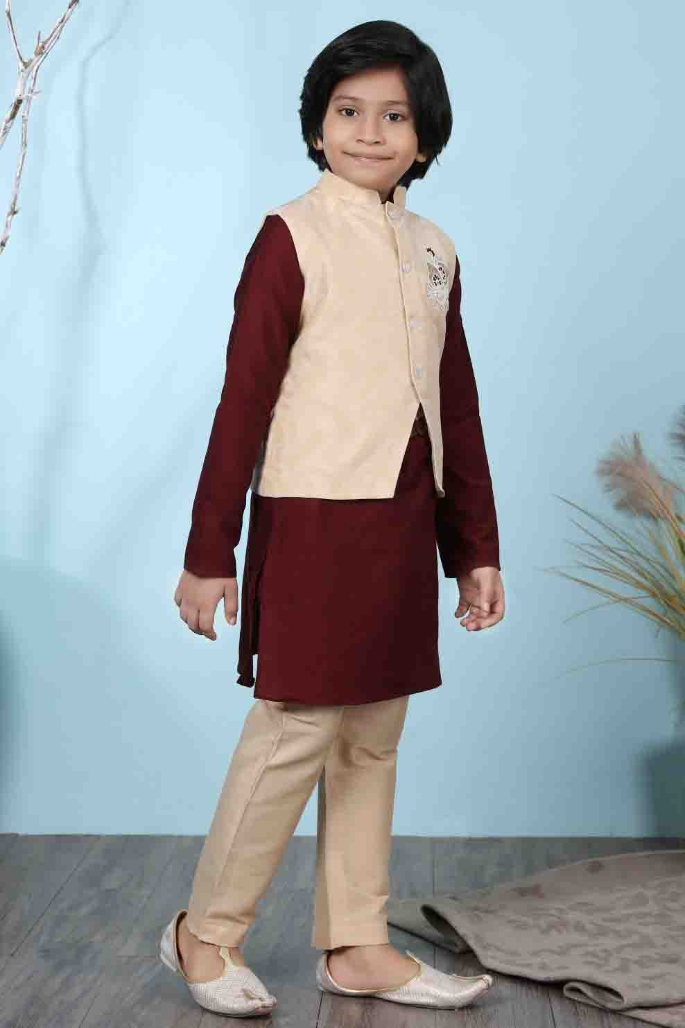 Maroon and Beige Colour Cotton Silk Kurta Pajama With Jacket BW1070099 B