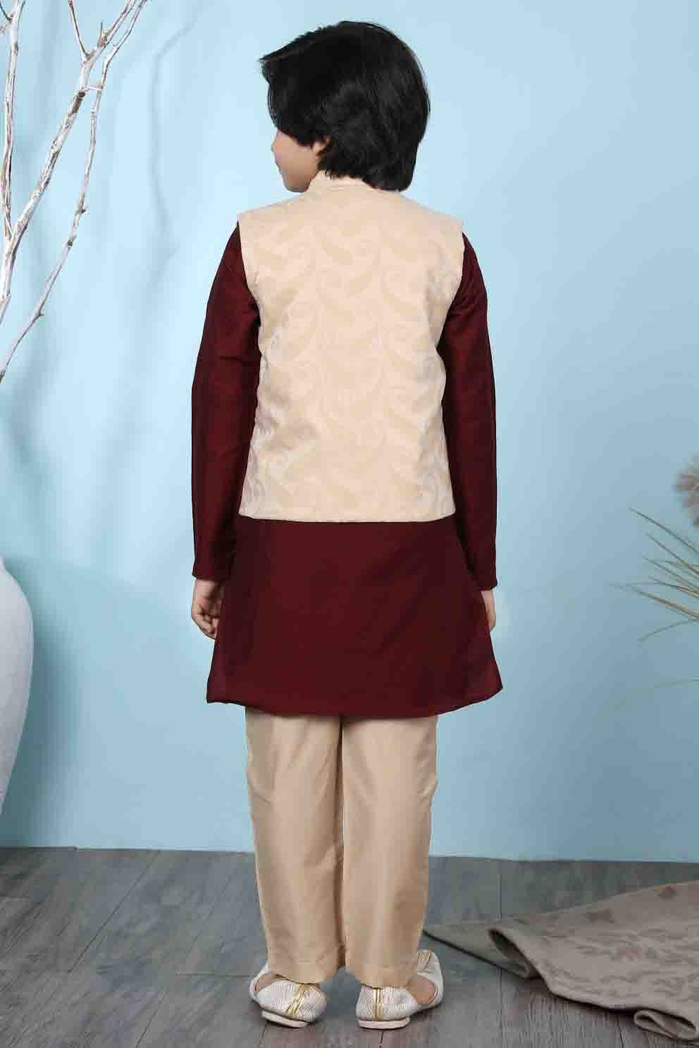 Maroon and Beige Colour Cotton Silk Kurta Pajama With Jacket BW1070099 C