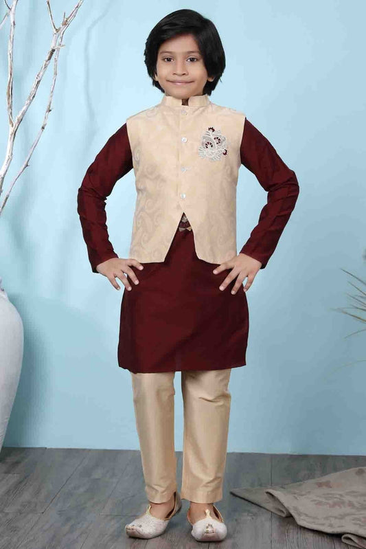 Maroon and Beige Colour Cotton Silk Kurta Pajama With Jacket BW1070099