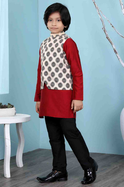 Maroon and Beige Colour Cotton Silk Kurta Pajama With Jacket BW1070109 A