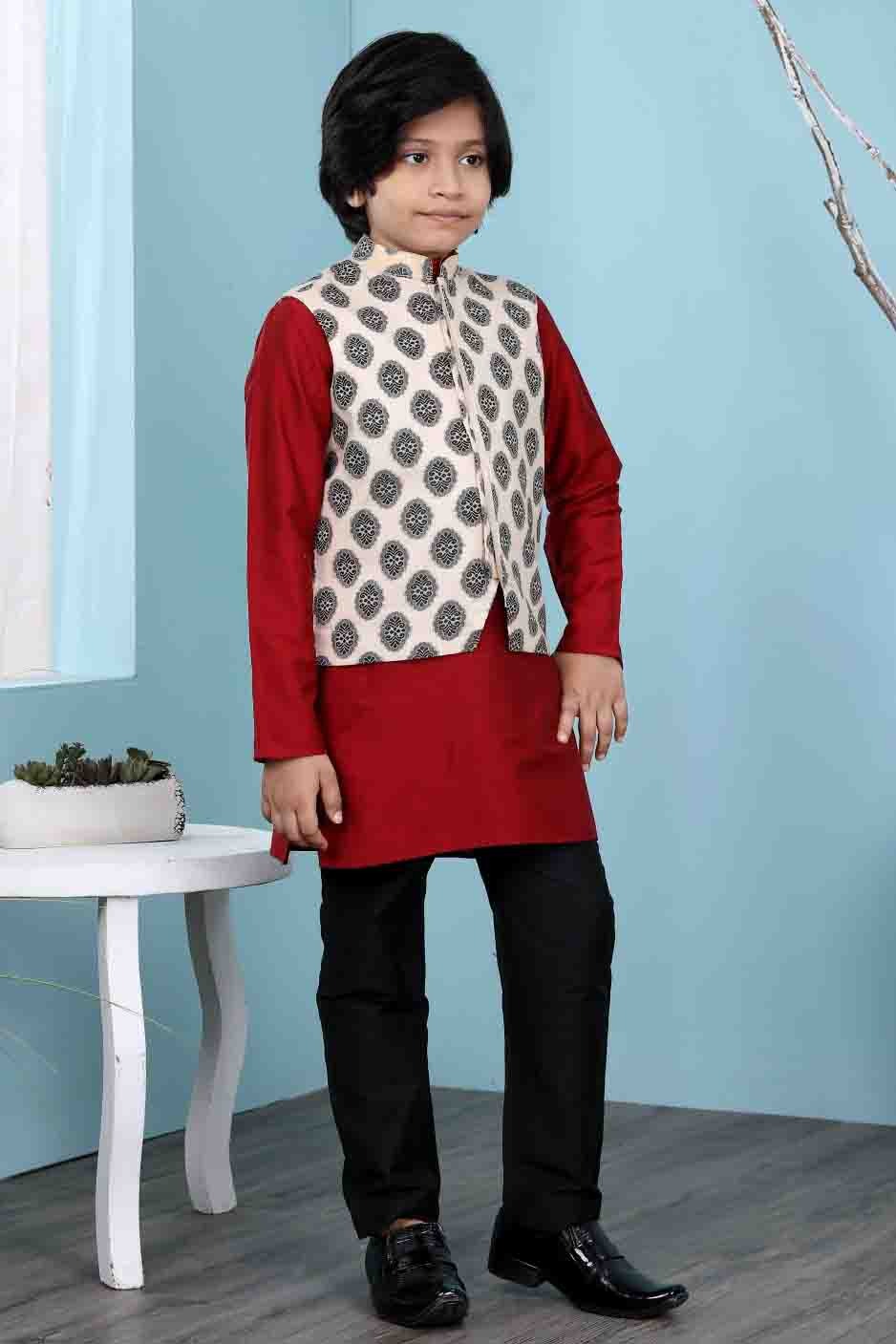 Maroon and Beige Colour Cotton Silk Kurta Pajama With Jacket BW1070109 B