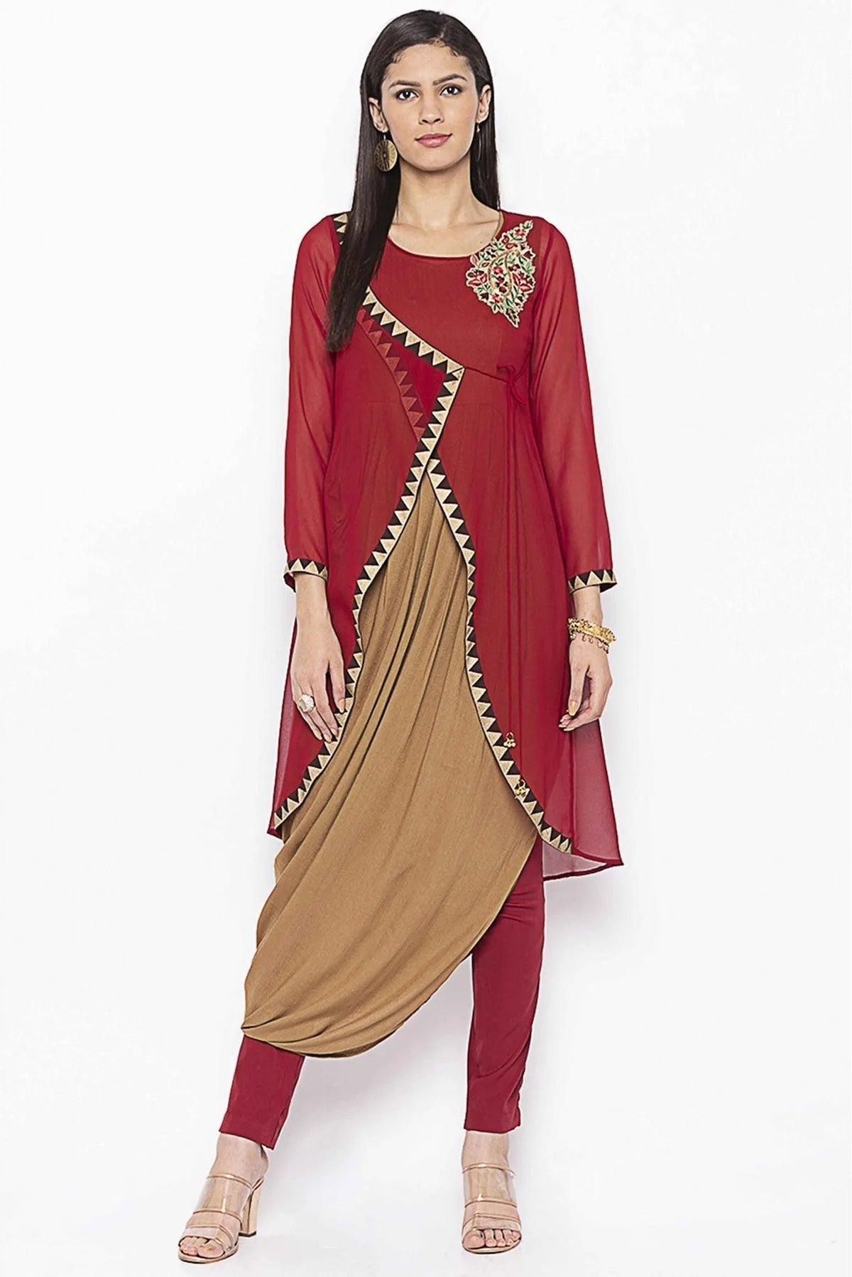 Maroon and Beige Colour Plus Size Georgette Embroidery Kurti KR1070708
