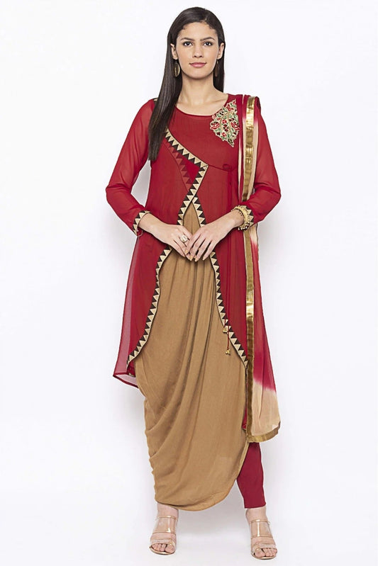 Maroon and Beige Colour Plus Size Georgette Embroidery Pant Style Suit BW1070350