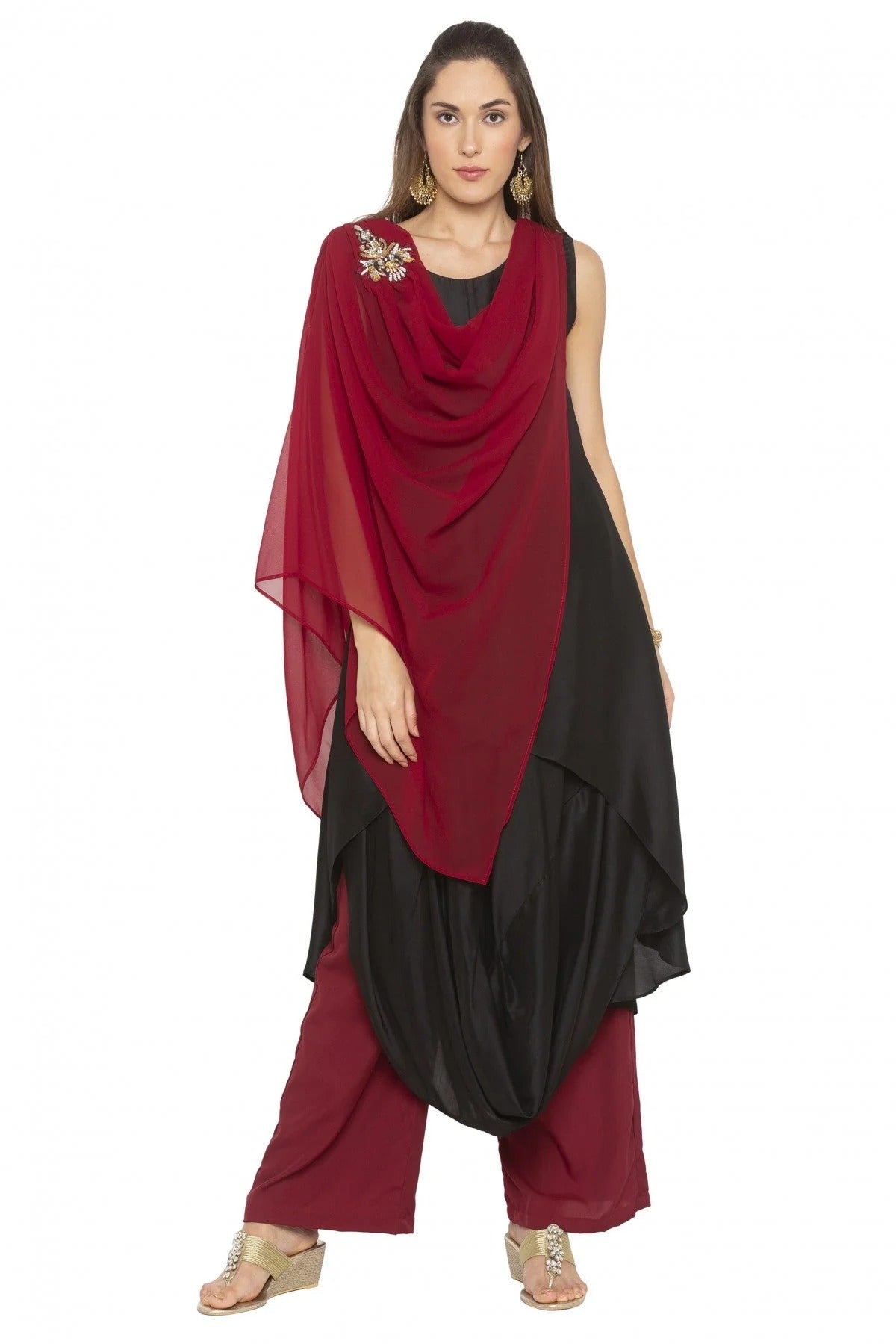 Maroon and Black Colour Plus Size Muslin Embroidery Kurti KR1070396