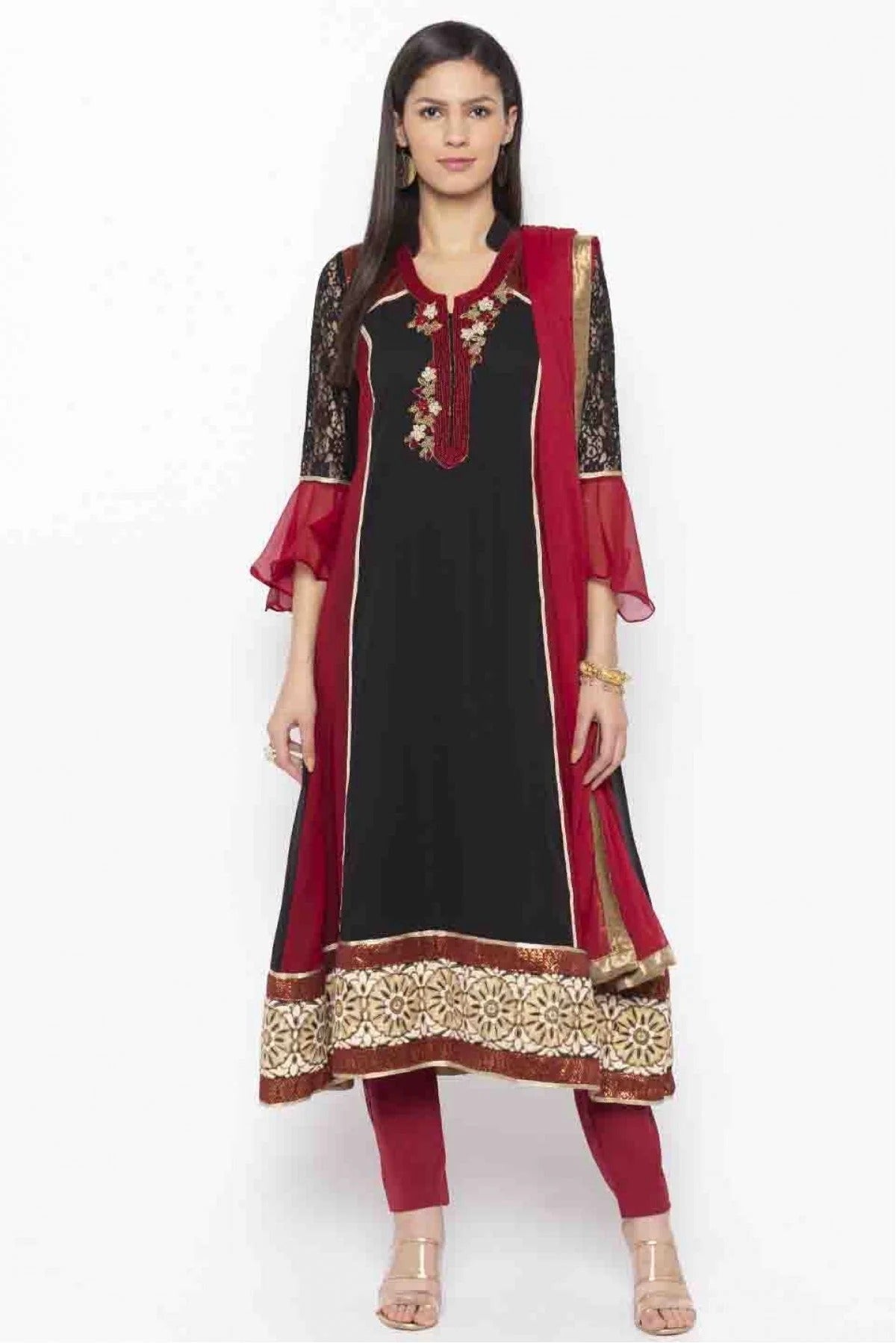 Maroon and Black Colour Plus Size Stitched Georgette Embroidery Anarkali Suit BW1070207