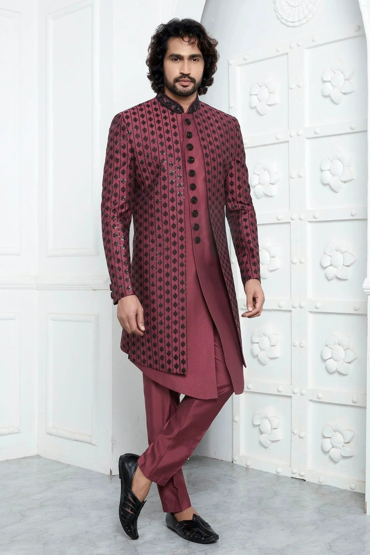 Mauve Colour Art Silk Indowestern Sherwani With Aligadhi Pant SH1230017 A