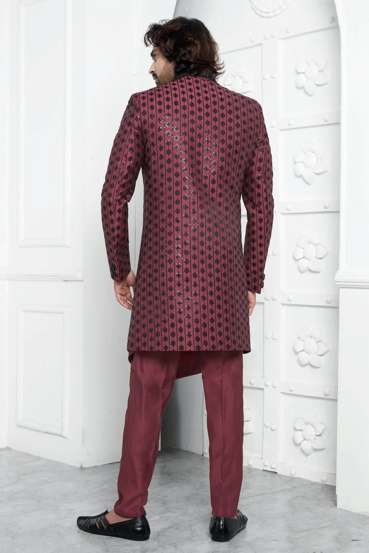 Mauve Colour Art Silk Indowestern Sherwani With Aligadhi Pant SH1230017 B