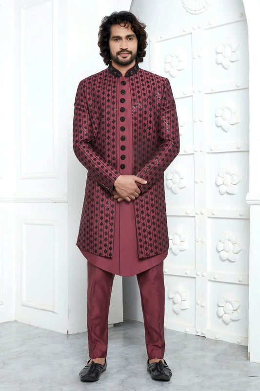 Mauve Colour Art Silk Indowestern Sherwani With Aligadhi Pant SH1230017