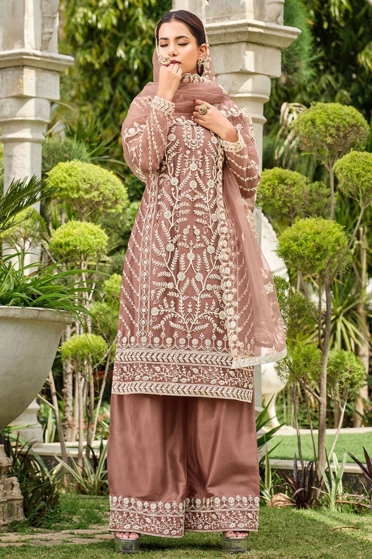 Mauve Colour Butterfly Net Palazzo Pant Suit SM1110576