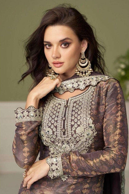 Mauve Colour Chinon Embroidery Work Palazzo Pant Suit