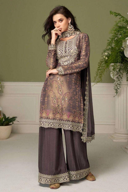 Mauve Colour Chinon Embroidery Work Palazzo Pant Suit