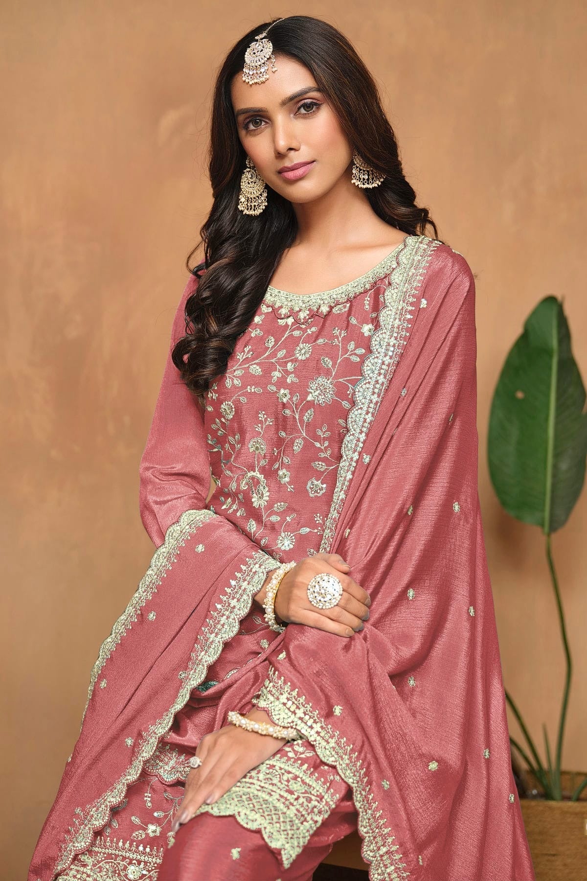 Mauve Colour Chinon Palazzo Pant Suit SM1050583 A