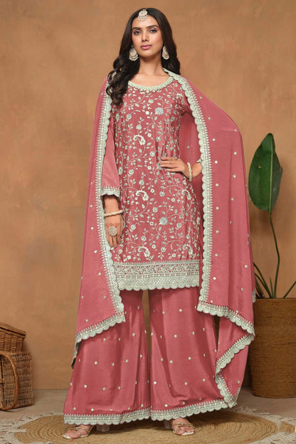 Mauve Colour Chinon Palazzo Pant Suit SM1050583