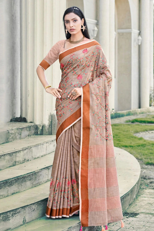 Mauve Colour Embroidery Work Linen Saree SD1101601