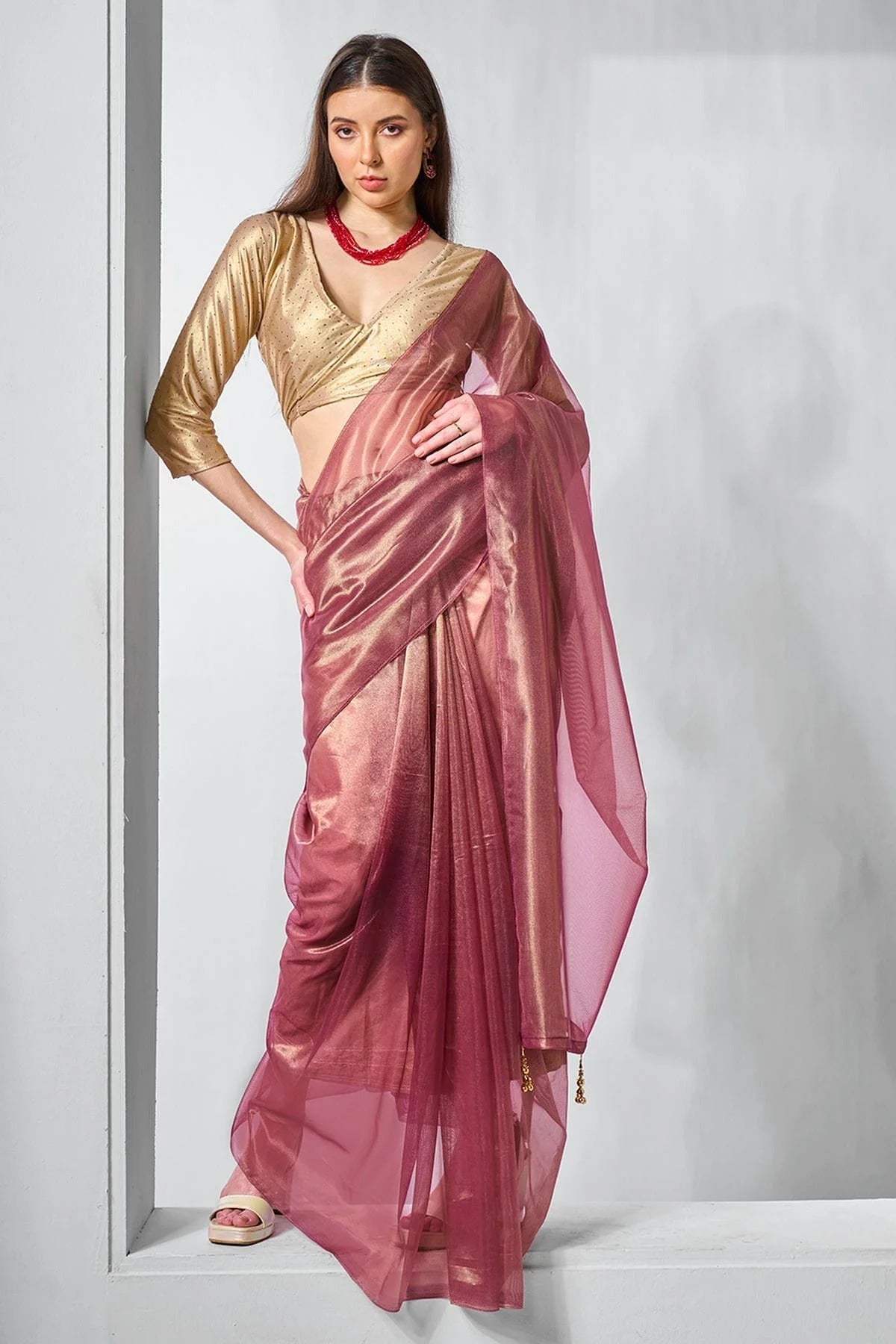Mauve Colour Gold Tissue Net Designer Saree SD1111711