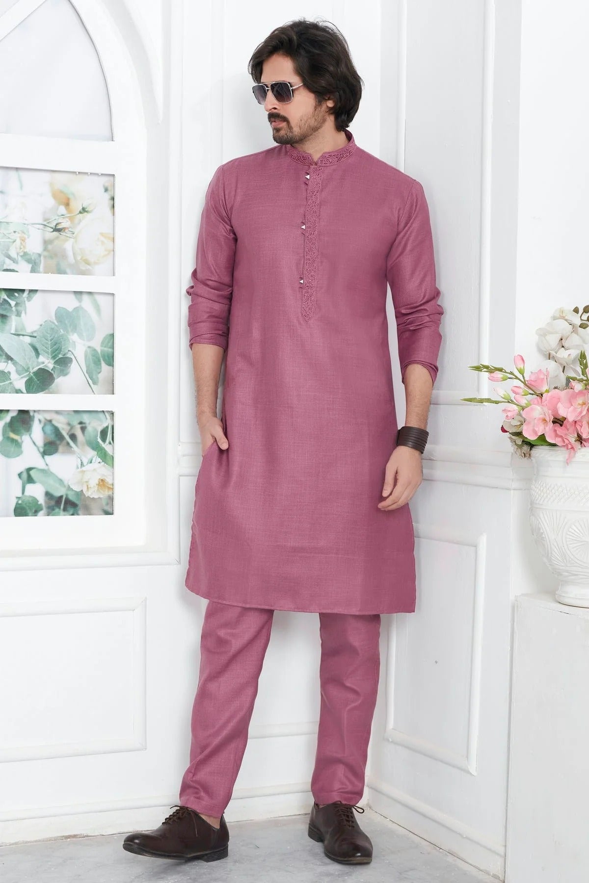 Mauve Colour Linen Cotton Thread Work Kurta Pajama KP1230136 A