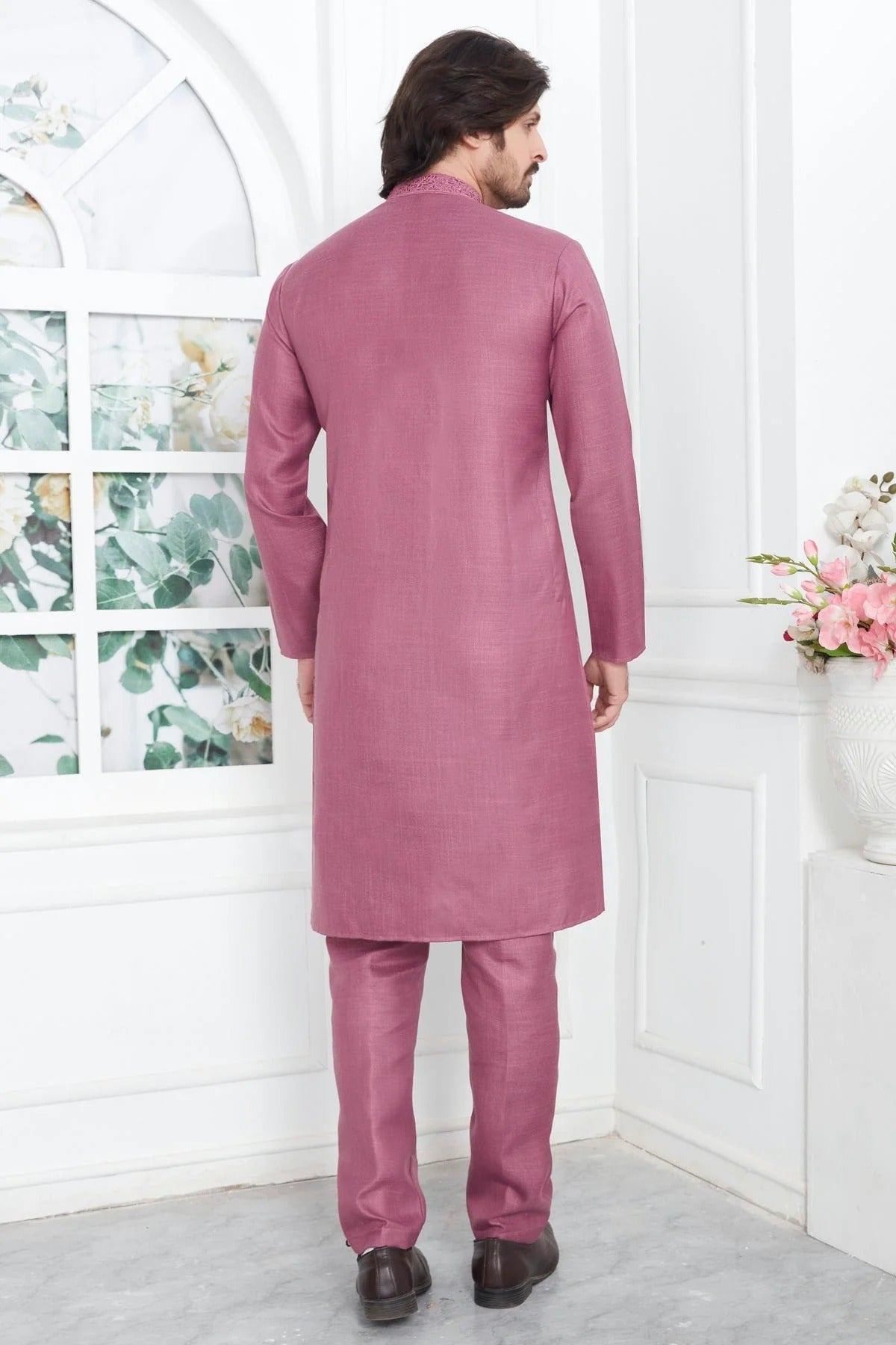 Mauve Colour Linen Cotton Thread Work Kurta Pajama KP1230136 B