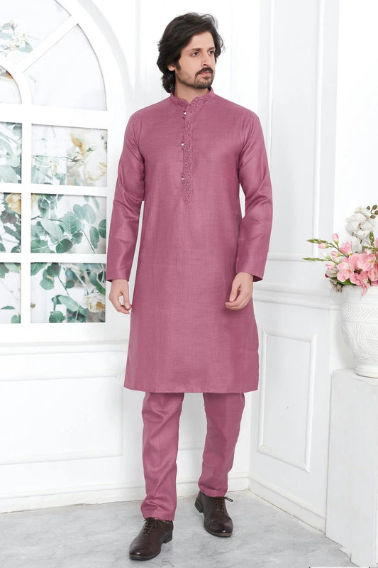 Mauve Colour Linen Cotton Thread Work Kurta Pajama KP1230136
