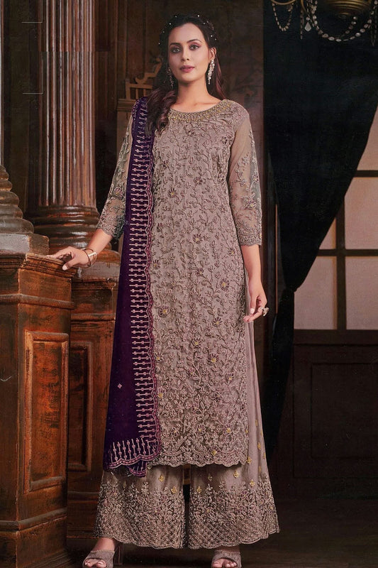 Mauve Colour Net Palazzo Pant Suit SM1110623