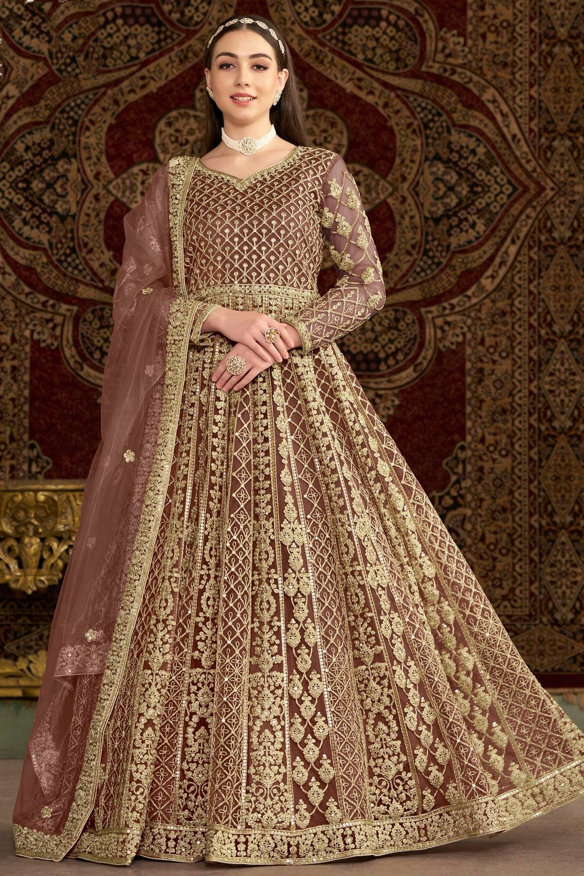 Mauve Colour Net Semi Stitched Anarkali Suit SM1050660