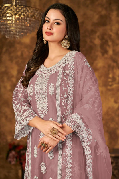 Mauve Colour Plazoo Pant Suit Net Semi Stitched SM1050530 A