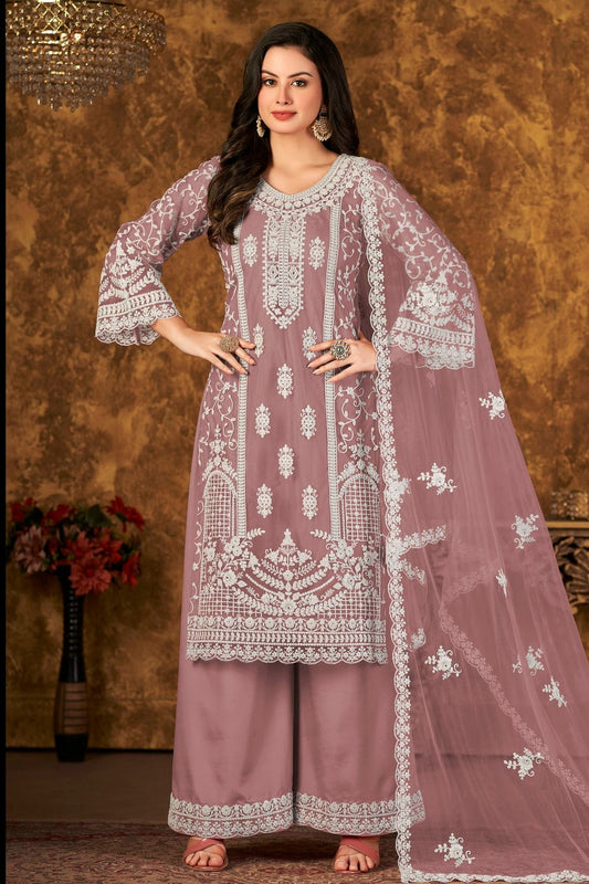 Mauve Colour Plazoo Pant Suit Net Semi Stitched SM1050530