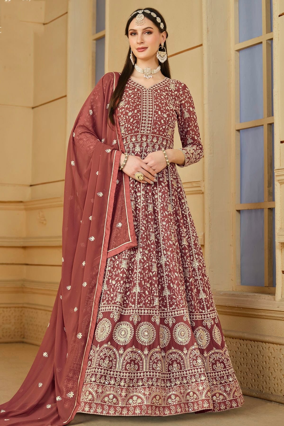 Mauve Colour Semi Stitched Faux Georgette Anarkali Suit SM1050464