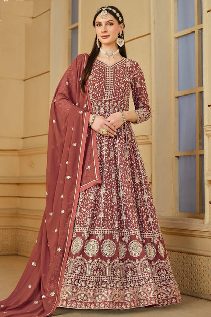 Mauve Colour Semi Stitched Faux Georgette Anarkali Suit SM1050464