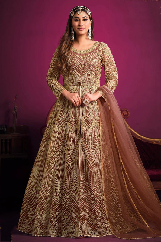 Mauve Colour Semi Stitched Net Pant Style Suit SM1050404