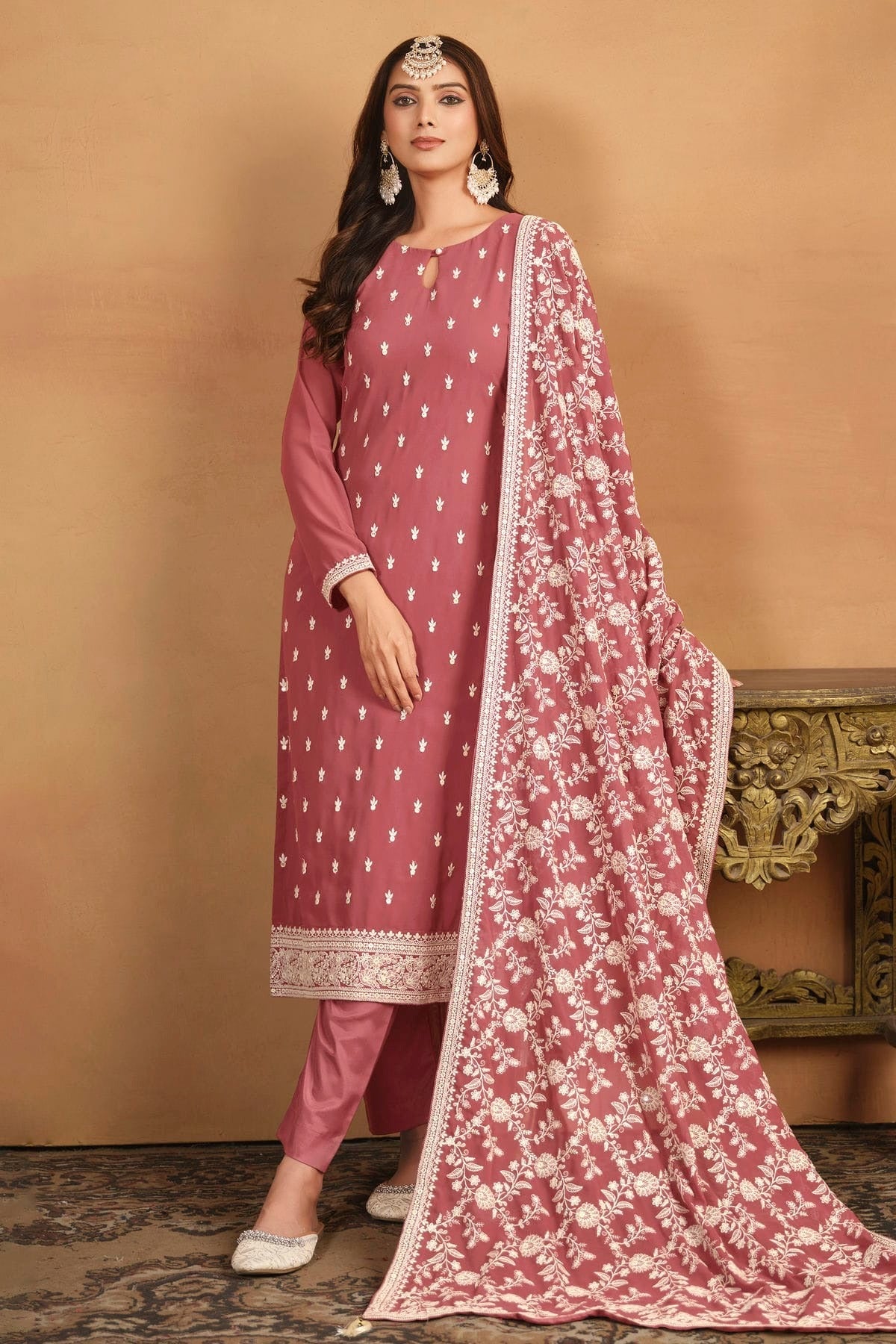 Mauve Colour Straight Suit Faux Georgette Semi Stitched SM1050488