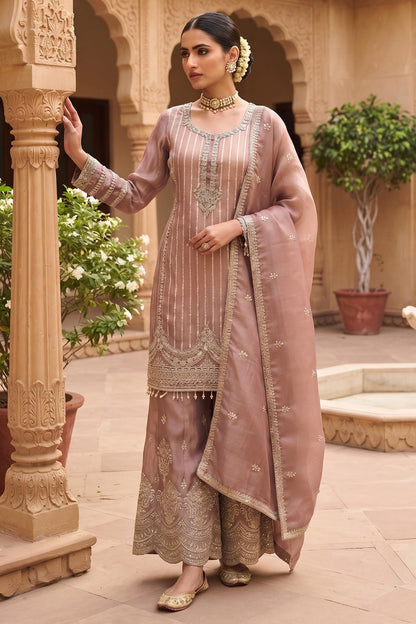 Mauve Colour Viscose Embroidery Work Palazzo Pant Suit