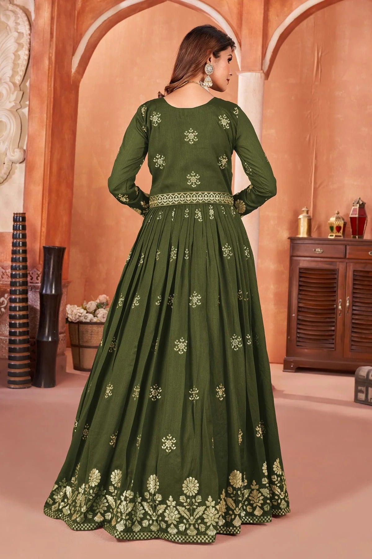 Mehendi Green Colour Anarkali Suit Art Silk Semi Stitched SM1050510 A