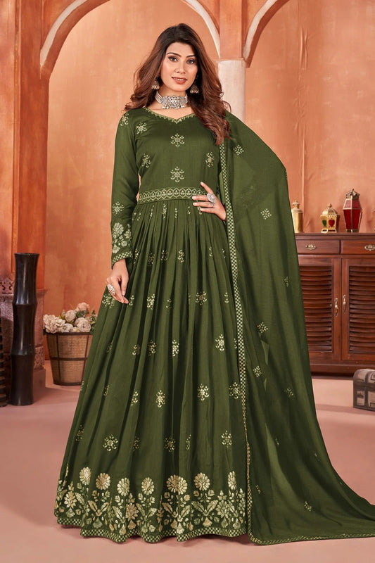Mehendi Green Colour Anarkali Suit Art Silk Semi Stitched SM1050510