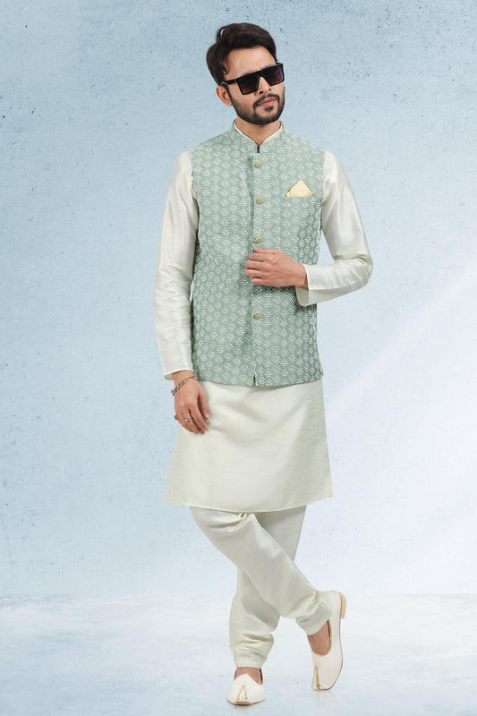 Mehendi Green Colour Art Silk Thread Work Kurta Pajama With Jacket