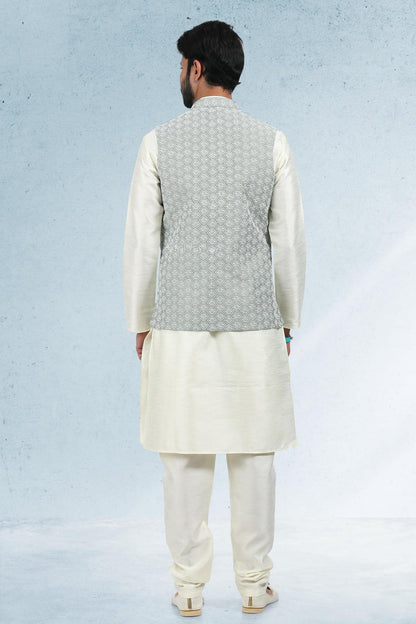 Mehendi Green Colour Art Silk Thread Work Kurta Pajama With Jacket