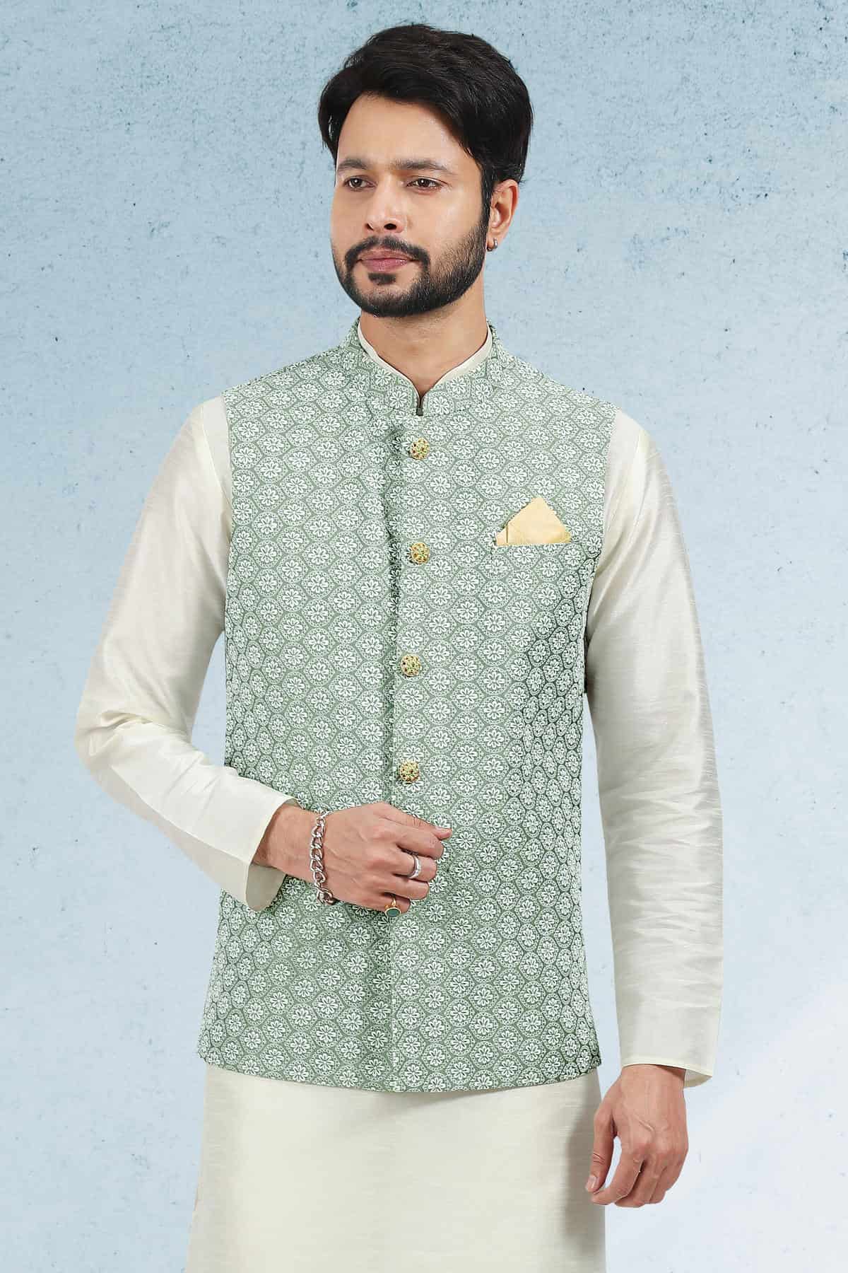 Mehendi Green Colour Art Silk Thread Work Kurta Pajama With Jacket