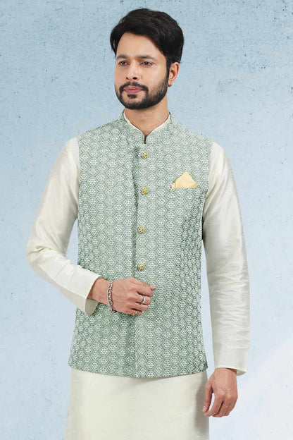 Mehendi Green Colour Art Silk Thread Work Kurta Pajama With Jacket