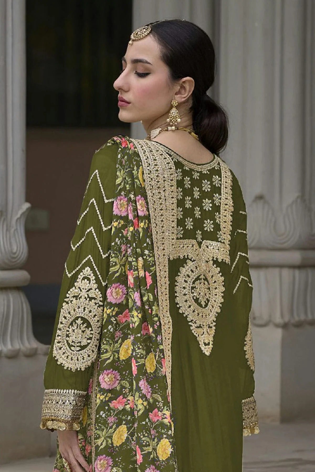 Mehendi Green Colour Chinon Palazzo Pant Suit SM1140130 A
