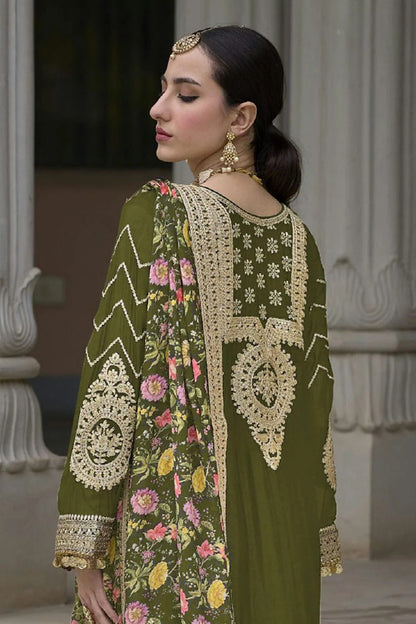 Mehendi Green Colour Chinon Palazzo Pant Suit SM1140130 A