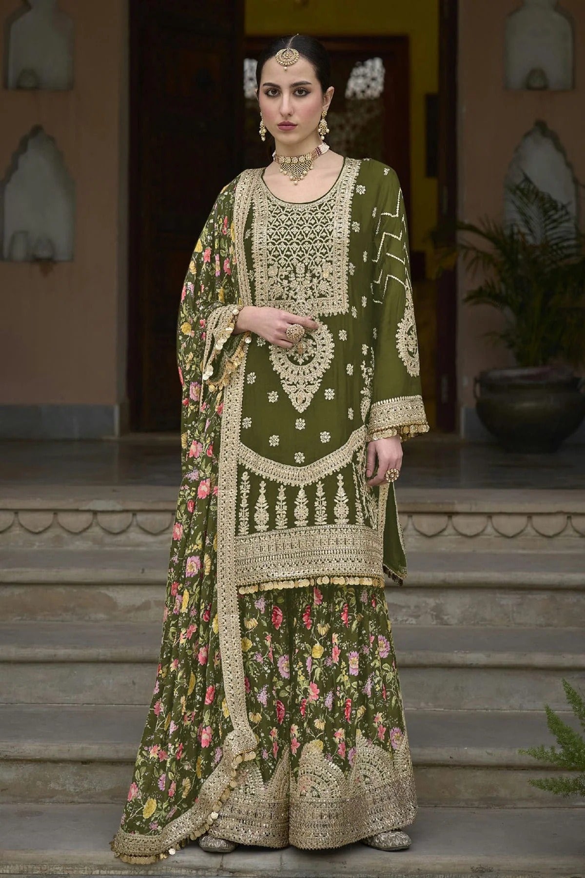 Mehendi Green Colour Chinon Palazzo Pant Suit SM1140130