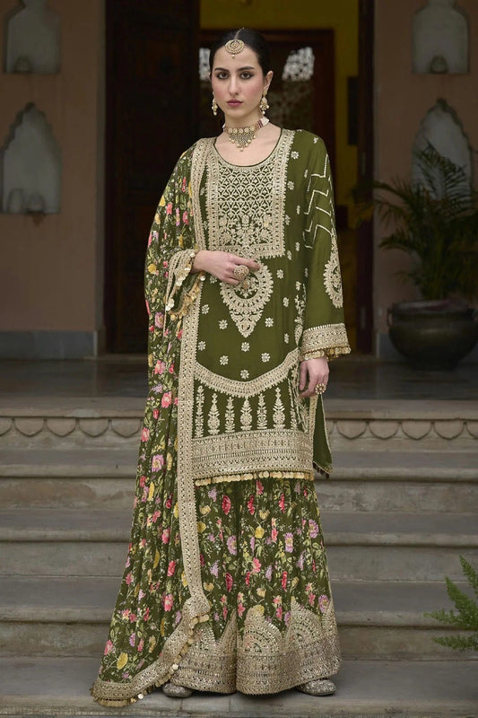 Mehendi Green Colour Chinon Palazzo Pant Suit SM1140130